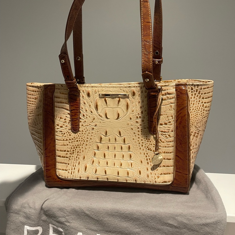 Genuine Brahmin Tan and Brown Croc-Embossed Real Leather Tote